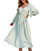 Women Tie Back Long Puff Sleeve Dress Sage Ruffle Wrap Reversible Flowy Casual Midi Dress with Pocket for Party Wedding Beach