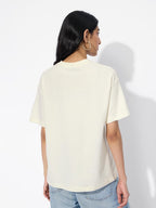 The Souled Store Mickey Mouse: Main Character Women and Girls Short Sleeves Round Neck Off White Graphic Printed Cotton Oversize