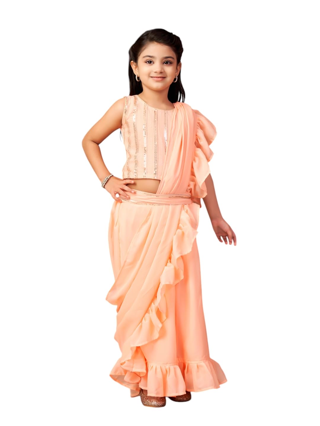 Aarika Girls Ethnic Wear Peach Colour Sequin Embroidery Georgette Lehenga Choli Set With Attached Dupatta-4-13 Years (LCH-SHM-50