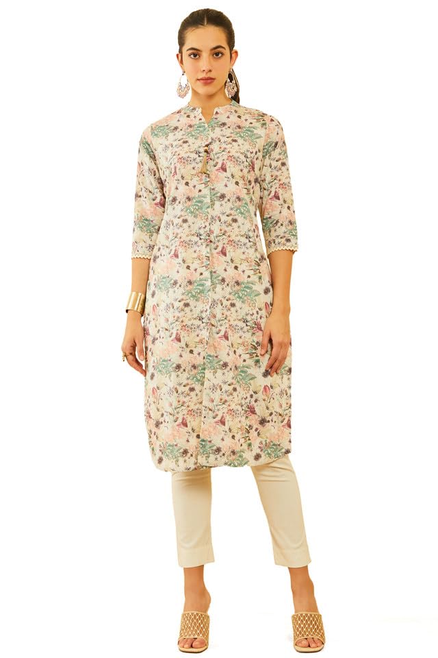 Soch Women Poly Cotton Floral Printed Kurta with Tassels