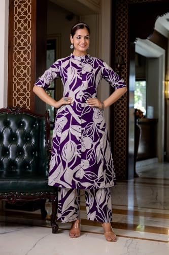 ANNI DESIGNER Womens Rayon Viscose Straight Printed Kurta with Palazzo (Diboli Begani_S_Begani_Small)