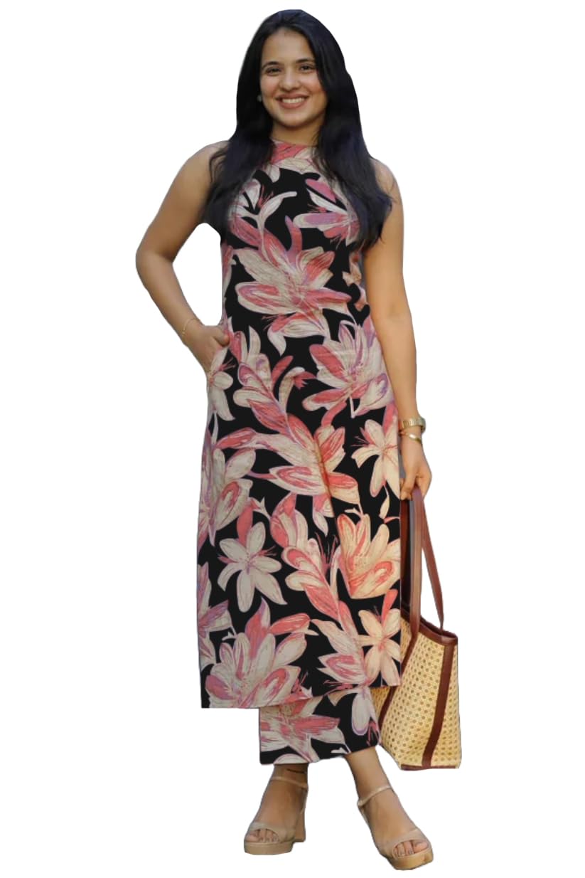 ANNI DESIGNER Womens Rayon Viscose Straight Printed Kurta with Pant (VCM Black_XXL_Black_XX-Large)