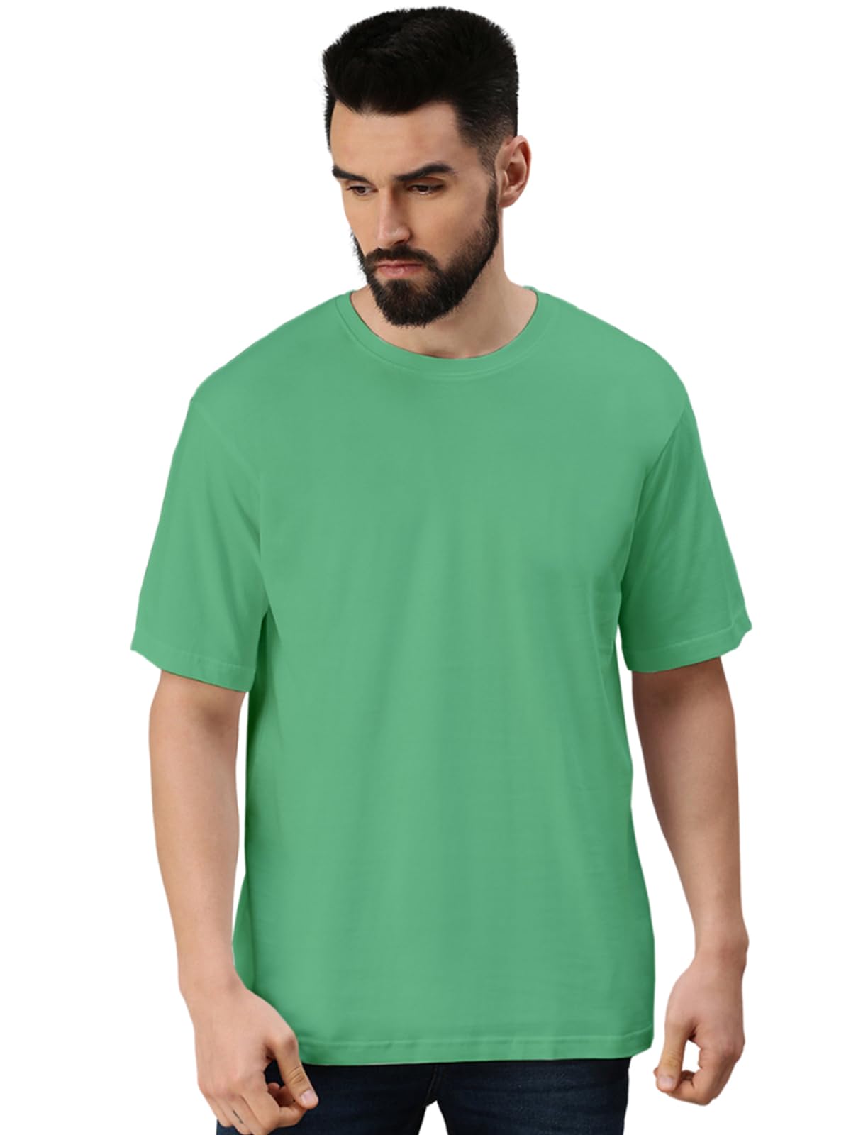 Veirdo Men's Cotton Short Sleeve Round Neck Oversized Fit Solid Sea T-Shirt Men