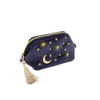 Handy cosmetic makeup bag,Navy Velvet Embroidered Applique Moon Stars Cosmetic Bag,Starry Makeup Pouch with Tassels & Pearl Zipp