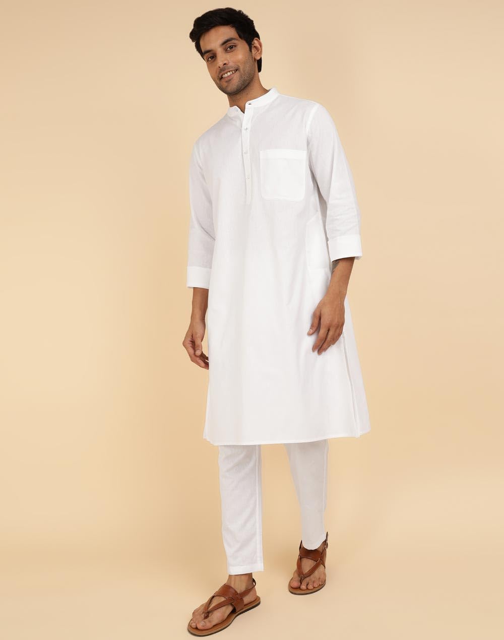 Fabindia MenS Cotton Woven Relaxed Kurta Set (1039311White_White