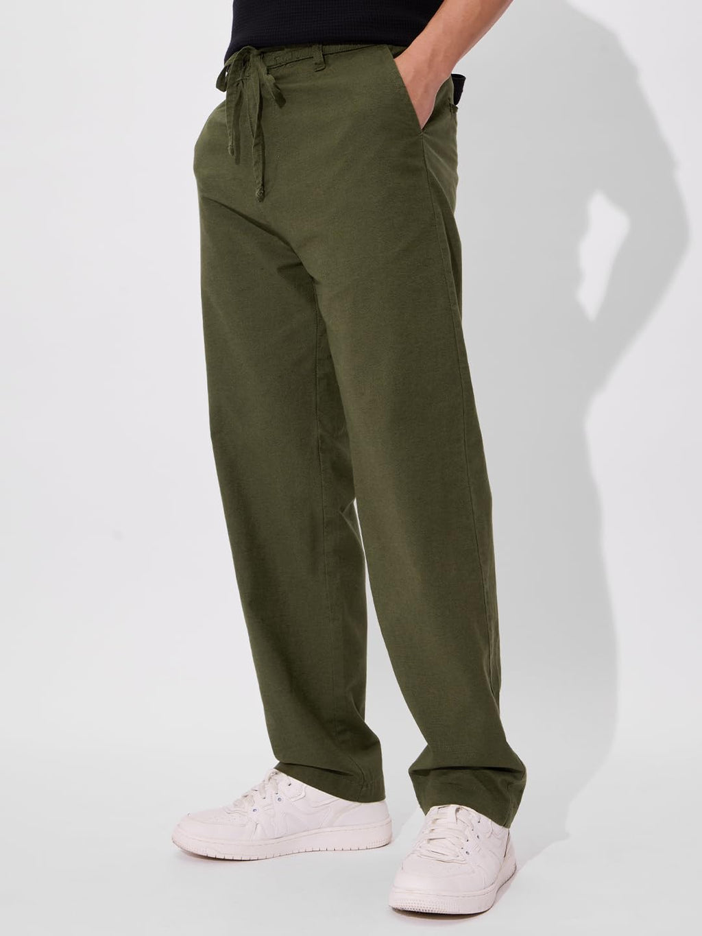 The Souled Store Solids: Olive Green Men and Boys Buttoned Straight Fit Cotton Linen Pants