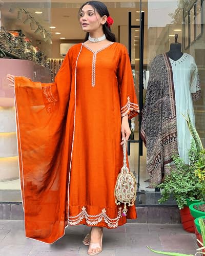 ANNI DESIGNER Womens Rayon Viscose Anarkali Embroidered Kurta with Pant & Dupatta (Ranibai Orange_L_Orange_Large)