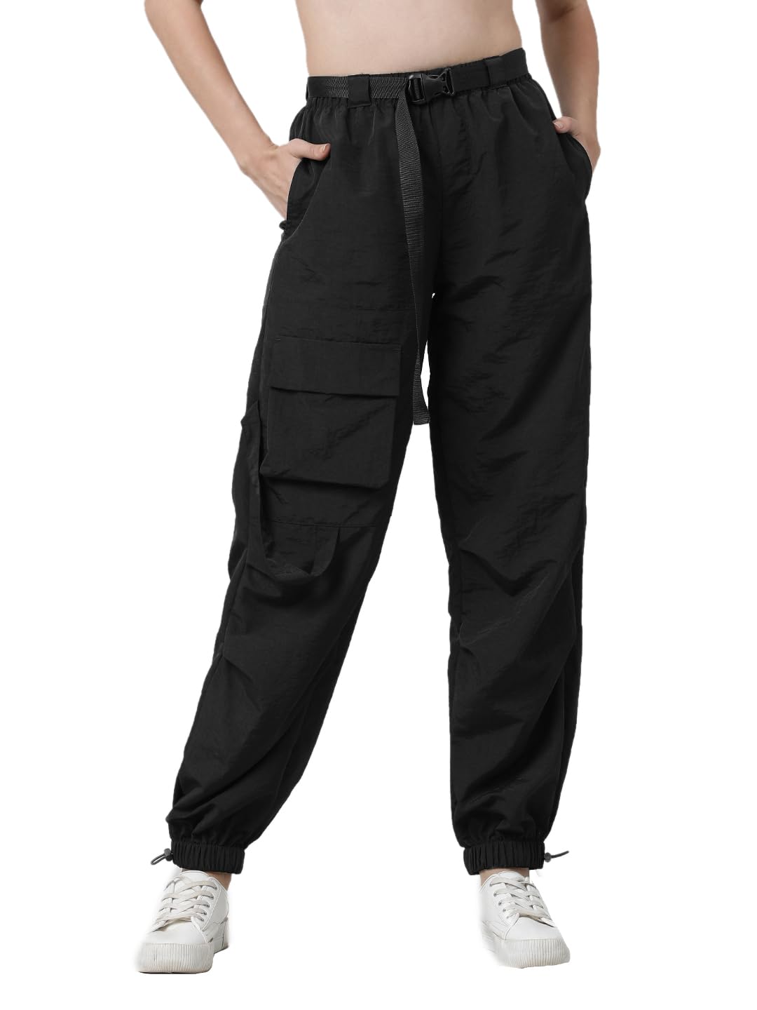 Bene Kleed Women Nylon Slip On Solid Parachute Fit Cargo Jogger With Belt (Black_28 Size) 28