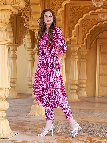 ANNI DESIGNER Womens Cotton Blend Straight Printed Kurta with Pant Set (Logar Pink_L_Pink_Large)