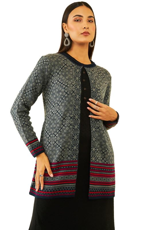 Soch Women Acrylic Ethnic Motifs Pattern Knitted Open-Front Longline Shrug
