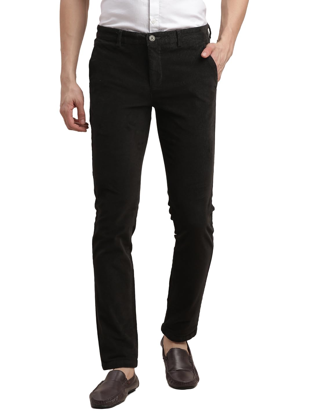 Turtle Men Ultra Slim Fit Grey Flat Front Dobby Corduroy Casual Trouser