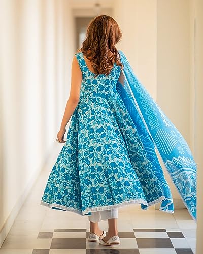 ANNI DESIGNER Womens Cotton Blend Anarkali Printed Kurta with Pant & Dupatta (Kalishta Sky Blue_L_Sky Blue_Large)