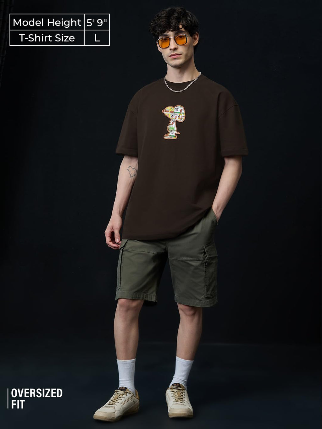 The Souled Store Peanuts: Joe Cool Men and Boys Short Sleeves Round Neck Brown Applique Patch Cotton Oversized T-Shirts