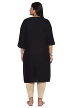 Aurelia Women'S Viscose Black Ornamental Round Neck Straight Kurta
