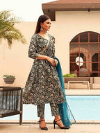 Womanista Women'S Silk Blend Foil Printed Sequins Work Alia Cut Anarkali Kurta Trouser With Dupatta Set