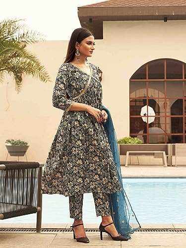 Womanista Women'S Silk Blend Foil Printed Sequins Work Alia Cut Anarkali Kurta Trouser With Dupatta Set