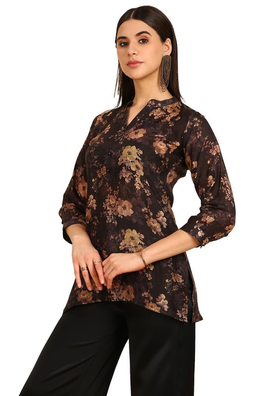 Soch Womens Black Floral Print Mandarin Collar Vicose Muslin Tunic