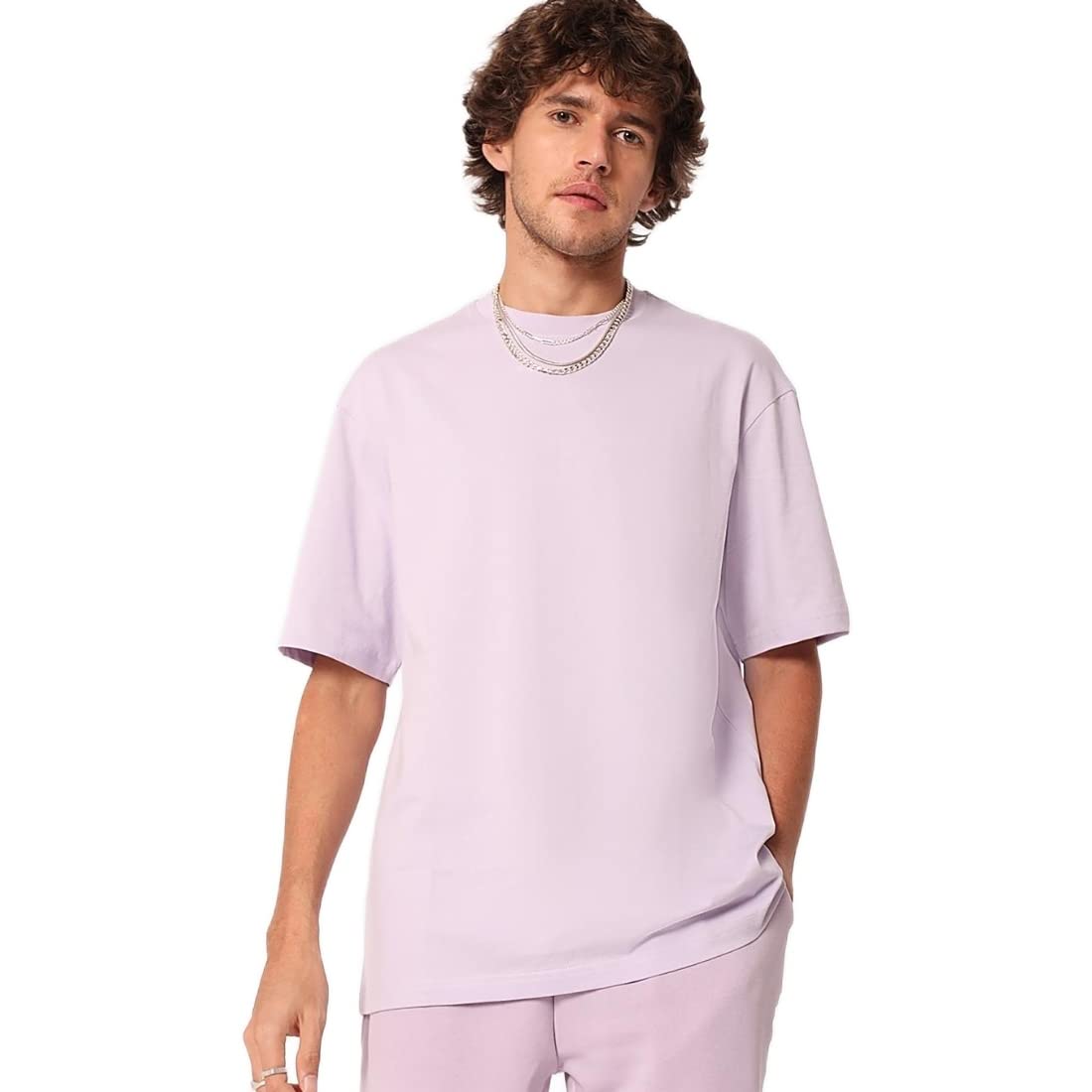 Bewakoof Mens Solid Purple Round Neck Half Sleeve Oversized T-Shirt