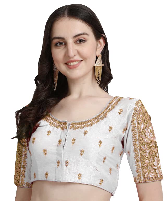 Pujia Mills Womens Silk Floral Half Sleeve Regular Blouse (Gulab White 38)