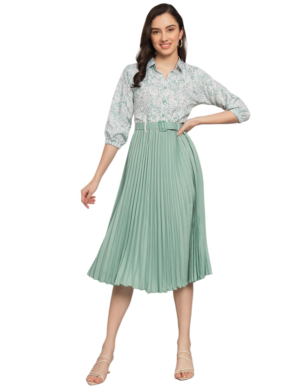 Kzully WomenS Print 3/4 Sleeve Pleated Midi Dress With Belt Pista