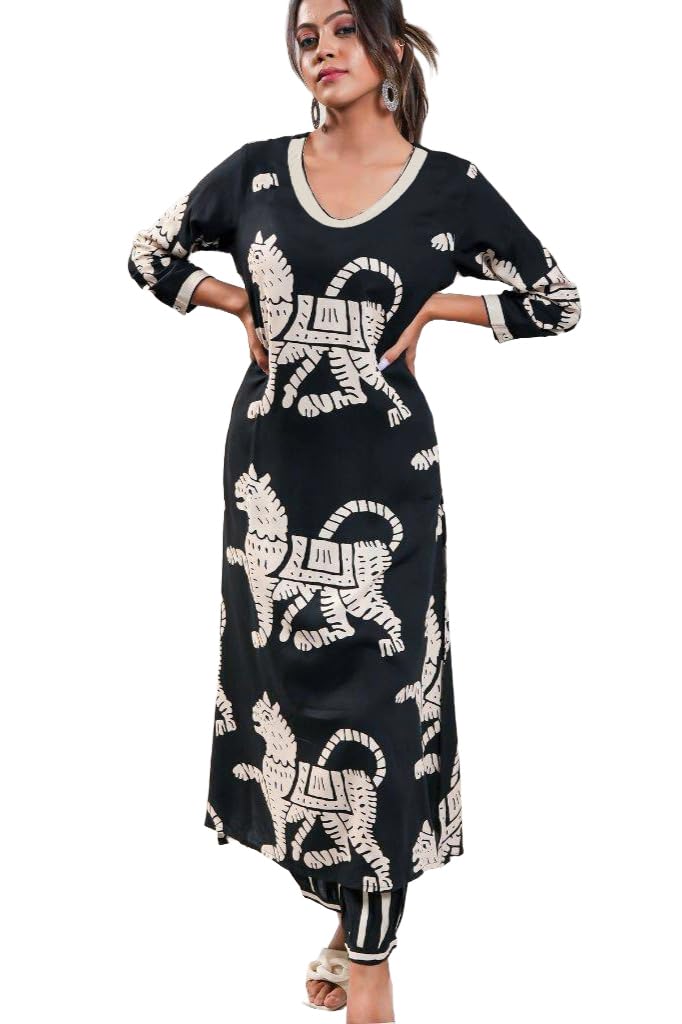 ANNI DESIGNER Womens Cotton Blend Straight Printed Kurta with Pant (Lanka-Black-NS_XXL_Black_XX-Large)