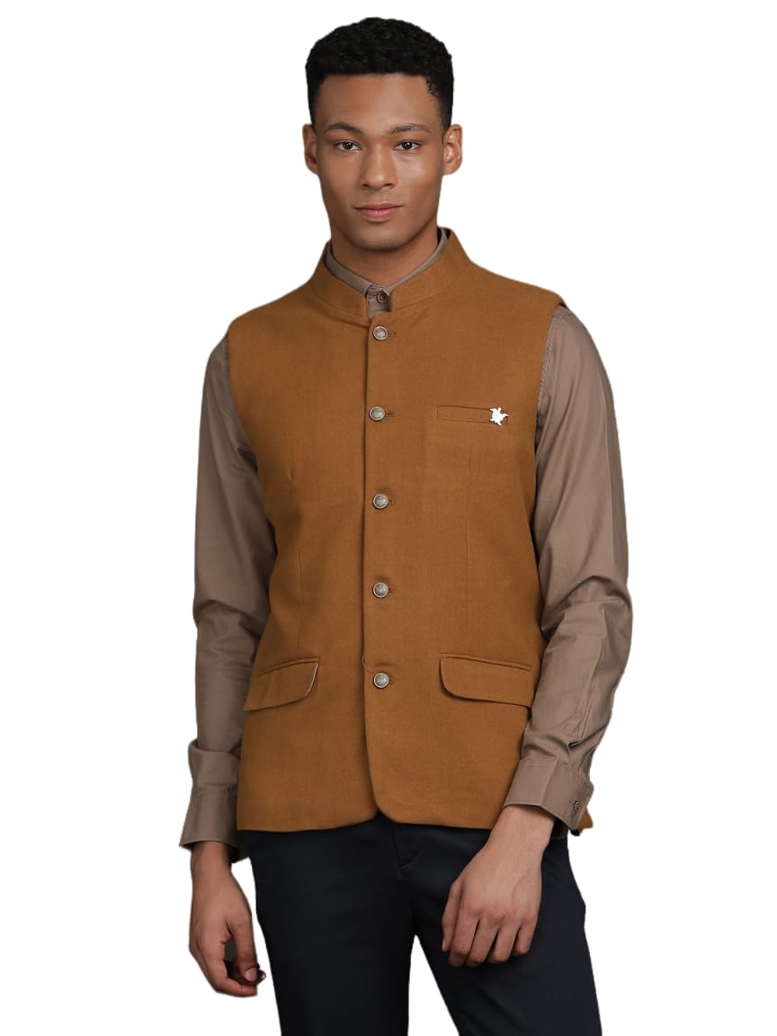 Turtle Men Brown Terry Rayon Solid Party Nehru Jacket