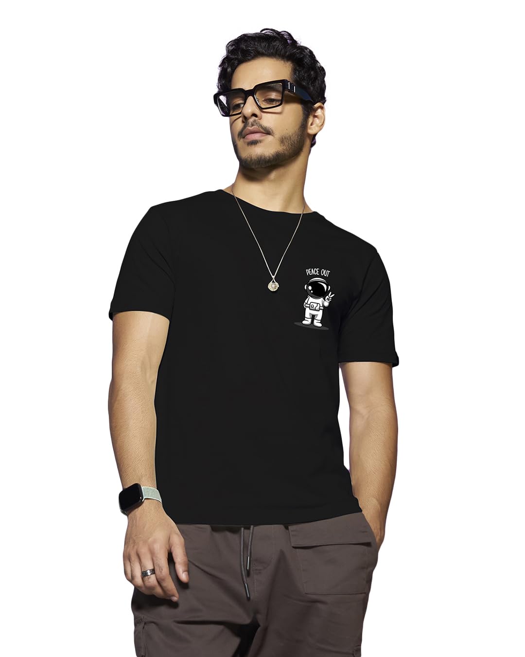 Bewakoof Mens Peace Out Astronaut Printed 100% Cotton T-Shirt - Regular Fit, Round Neck, Half Sleeves Black