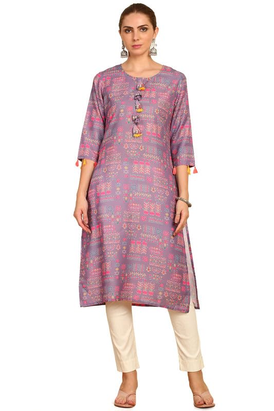 Soch Women Floral Printed Rayon Straight Kurta with Tassels
