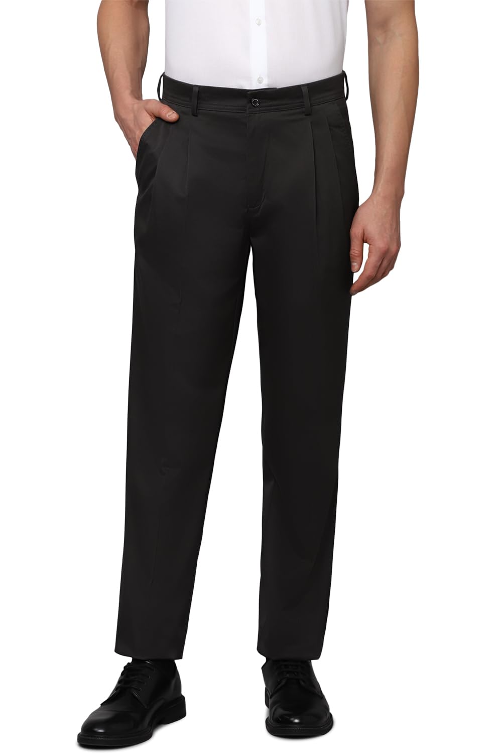 Louis Philippe Men Black Classic Fit Solid Pleated Formal Trousers