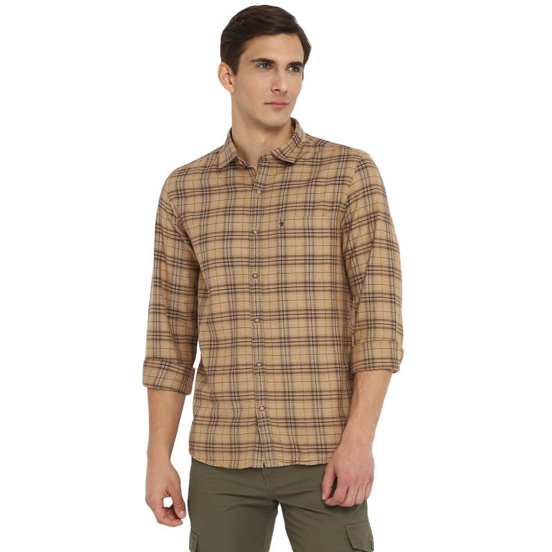 Turtle Men Cotton Melange Khaki Checkered Slim Fit Shirts