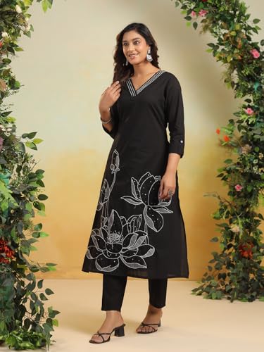 Varanga Women Floral Placement Kantha & Thread Embroiderd V Neck Kurta With Trouser