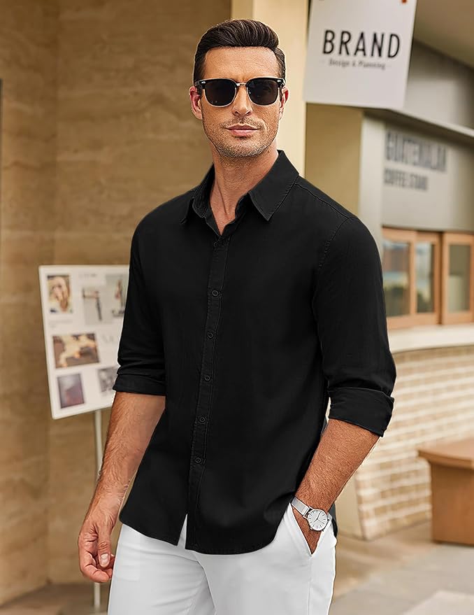 CB-COLEBROOK Mens Long Sleeve Button Down Shirts Casual Cotton Linen Shirts Summer Beach Shirt for Mens Top (in, Alpha, L, Regu