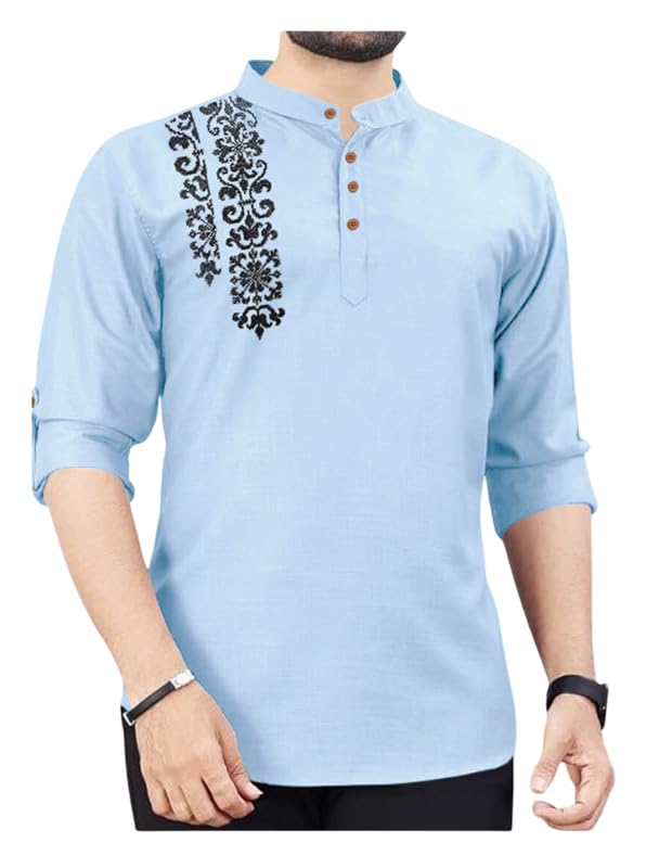 Finivo Fashion MenS Cotton Blend Kurta Style Shirt | Mandarin Collar Long Sleeve Casual Ethnic Shirt With Button Placket | Styl