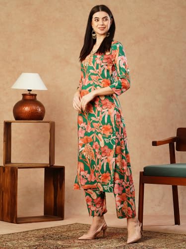 ANNI DESIGNER Womens Cotton Blend Straight Printed Kurta with Palazzo (Chinki Green-NW_S_Green_Small)