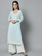 Ekasya Womens Georgette Straight Cut Round Neck Kurta with Beautiful Floral Lucknowi Work