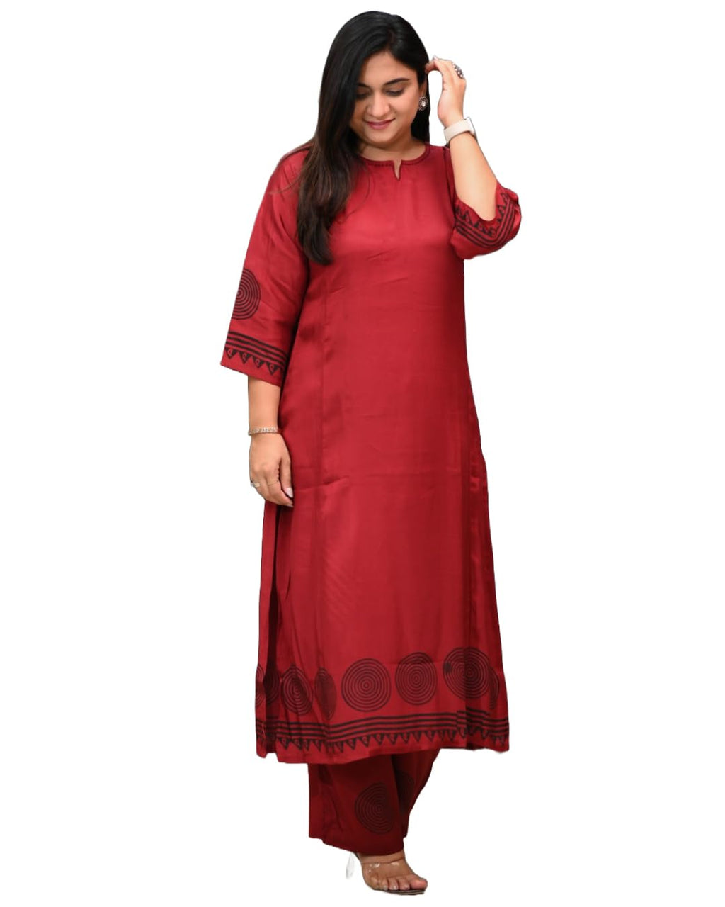 ANNI DESIGNER Women s Straight Printed Viscose Kurta with Trousers, Red, XL