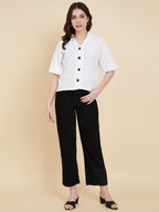 Vairagee Women Cotton Blend White Striped Pattern V-Collar Half Sleeve Stylish Boxy Shirt (1621)