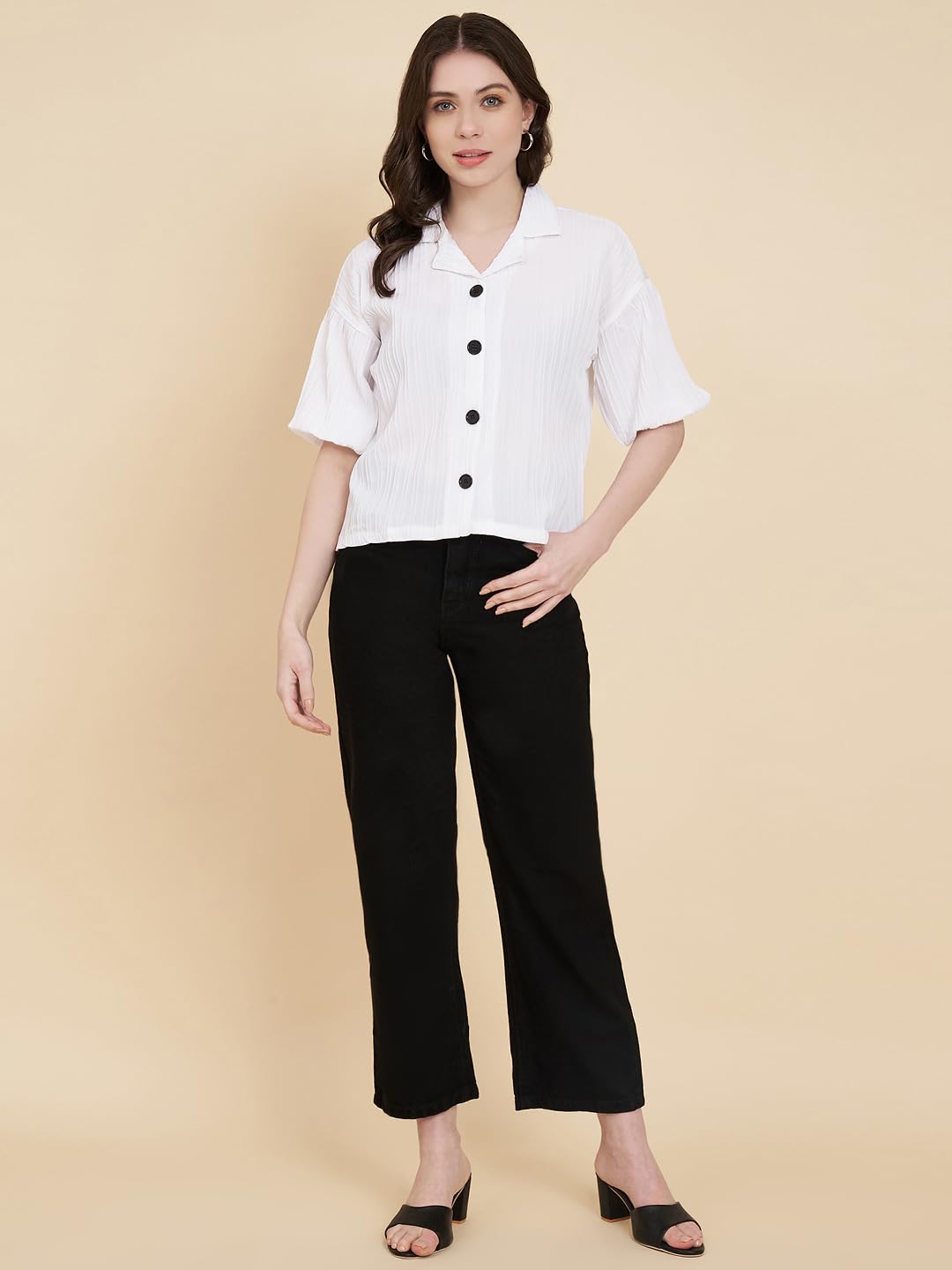 Vairagee Women Cotton Blend White Striped Pattern V-Collar Half Sleeve Stylish Boxy Shirt (1621)