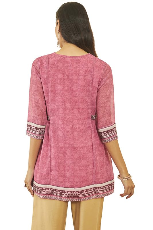 Soch Womens Pink Georgette Floral Print Round-Neck Tunic with Beadwork