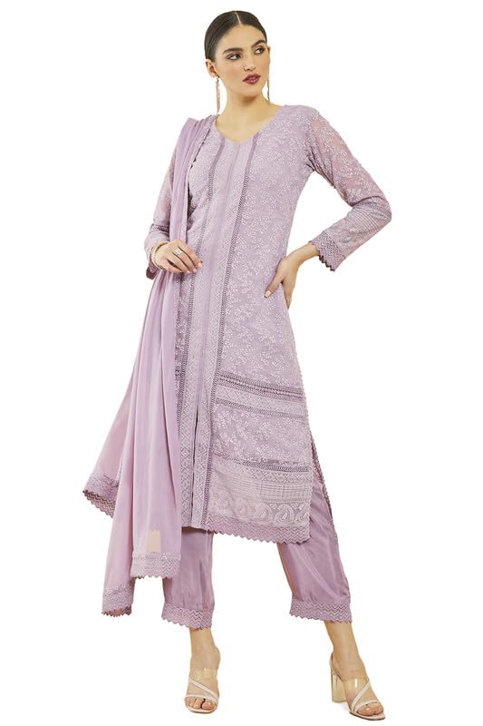 Soch Women Georgette Embroidered V-Neck Suit Set with Dupatta