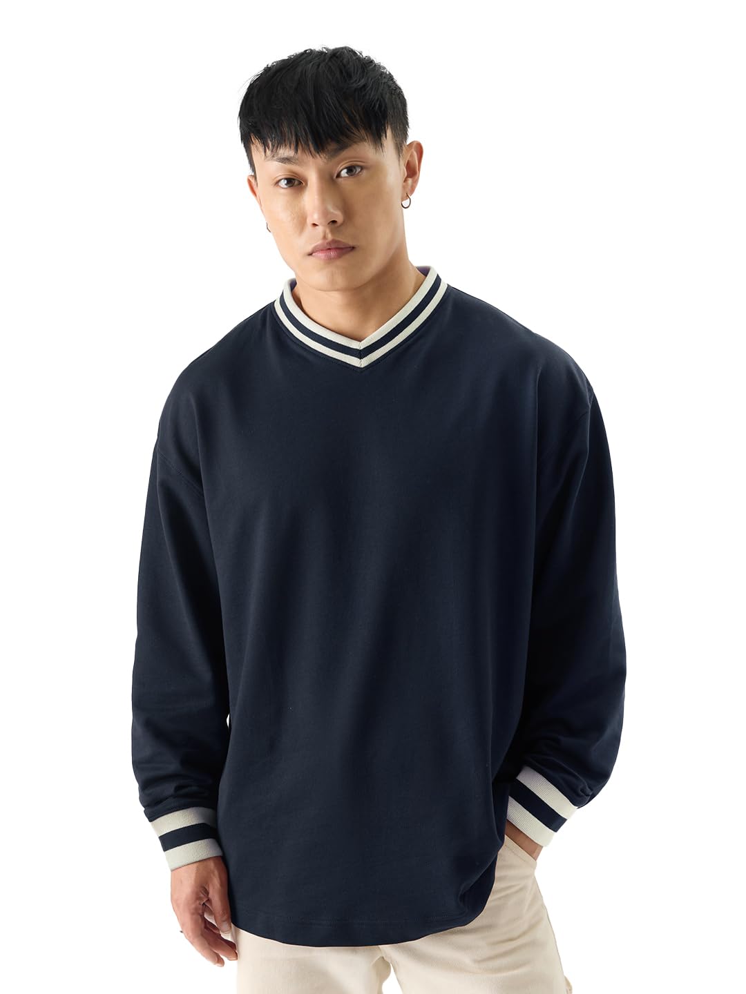 The Souled Store Solids: Navy Men and Boys Full Sleeve V- Neck Oversized Fit T-Shirts Oversized Mens T-Shirts Solid Basic Tees 