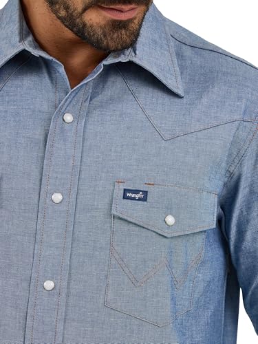 Wrangler Mens Cowboy Cut Western Two Pocket Long Sleeve Snap Work Shirt - Firm Finish - B&T,Chambray Blue,3X Tall