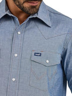 Wrangler Mens Cowboy Cut Western Two Pocket Long Sleeve Snap Work Shirt - Firm Finish - B&T,Chambray Blue,3X Tall