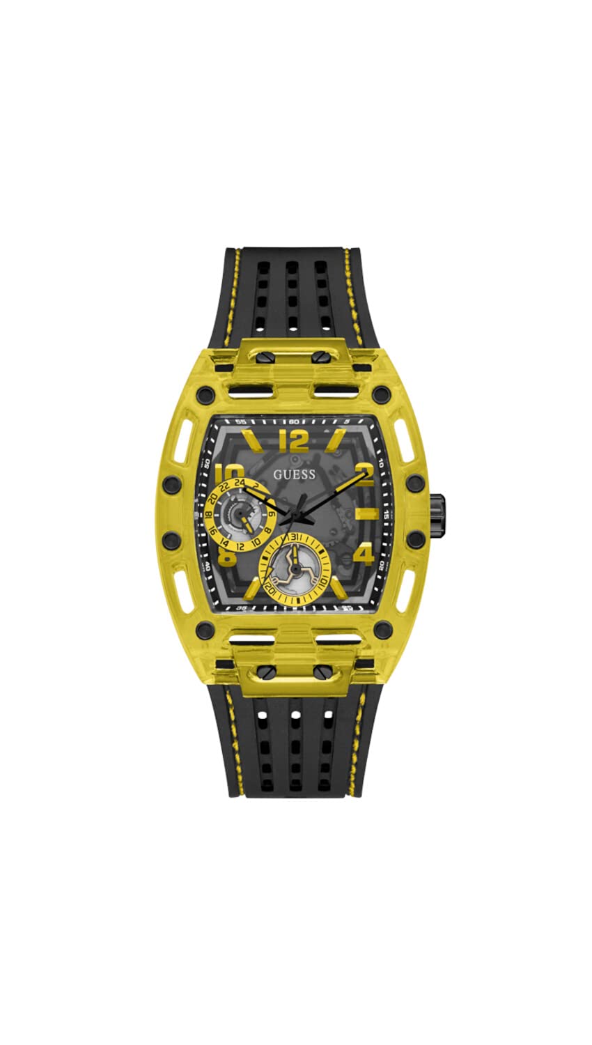 GUESS Men's 44mm Watch - Black Strap Black Dial Yellow Case