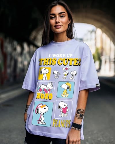 Bewakoof Official Peanuts Merchandise Womens Graphic Printed Oversized Fit Half Sleeve Round Neck Cotton T-Shirt_629619_Baby La