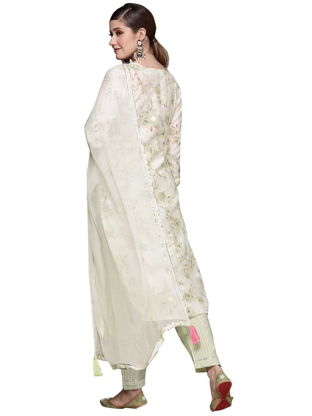 Ishin Women'S Off White Gotta Patti A-Line Kurta Set With Trouser And Dupatta