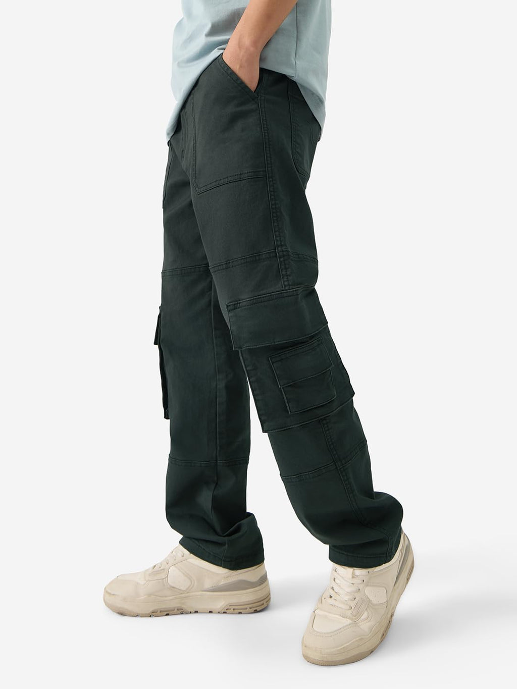 The Souled Store Solids: Greenlake Men and Boys Straight Fit Cotton Blend Cargo Jeans