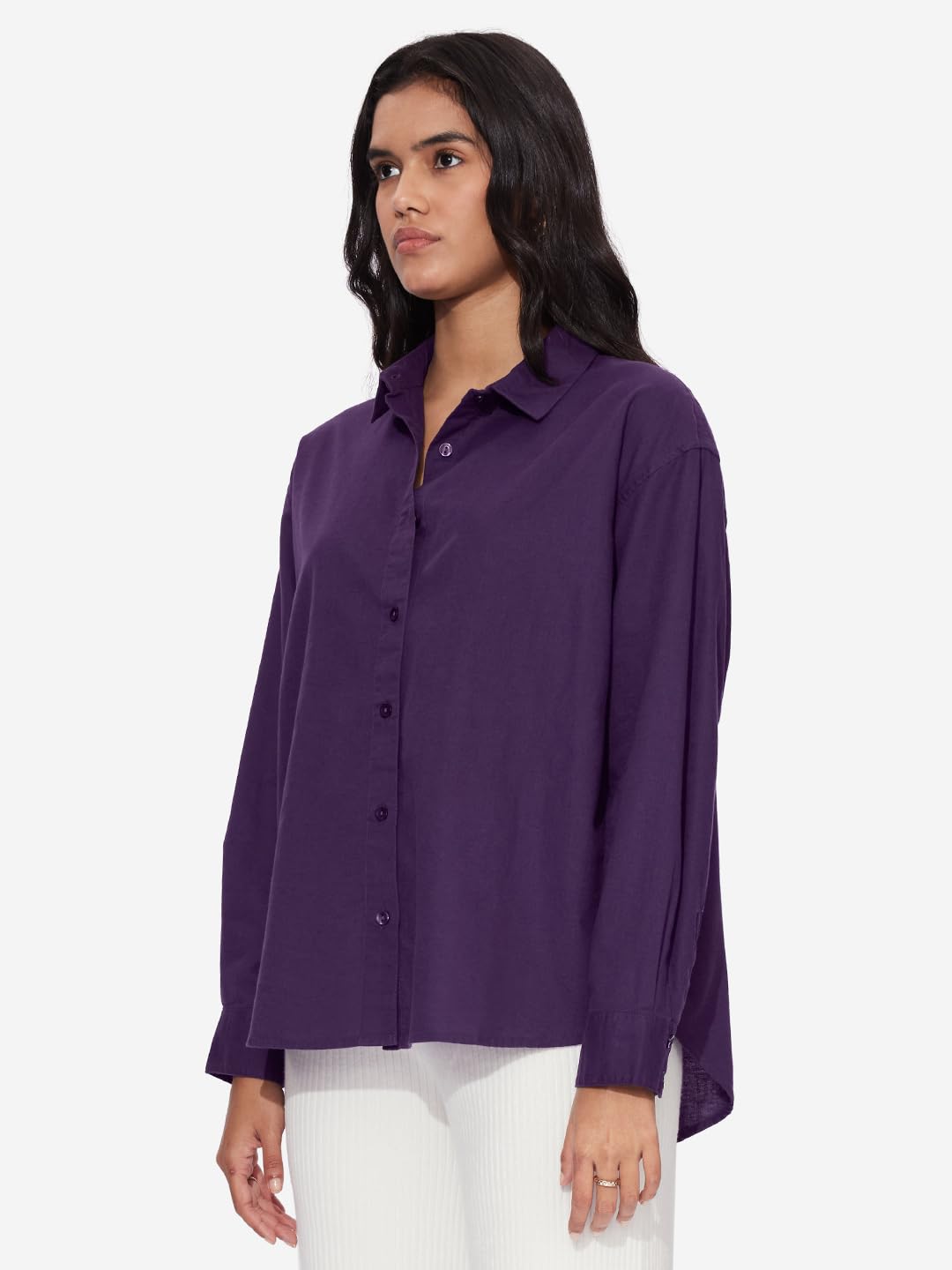 The Souled Store Cotton Linen: Royal Purple Women and Girls Long Sleeves Collared Neck Button Front Boyfriend Shirts