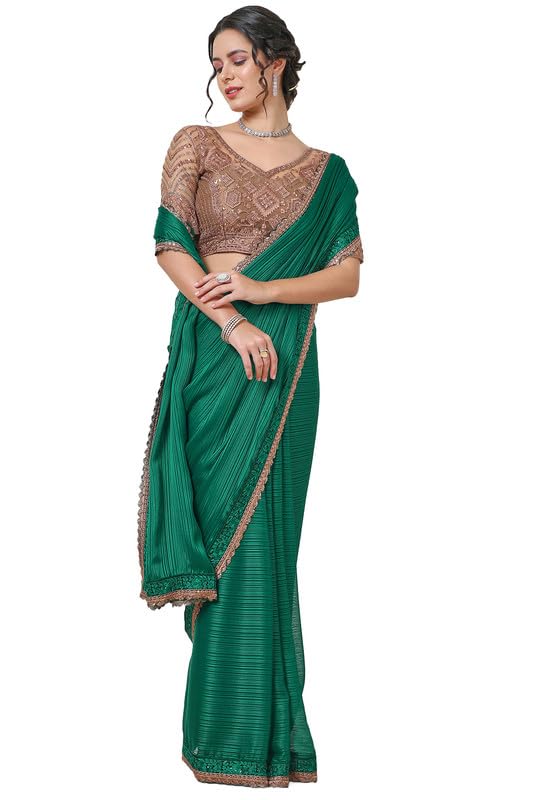 Soch Women Chiffon Striped Saree with Lace Border