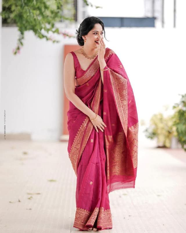 Flosive Womens Rani Pink Kanjivaram Silk Saree With Zari Weaving Work